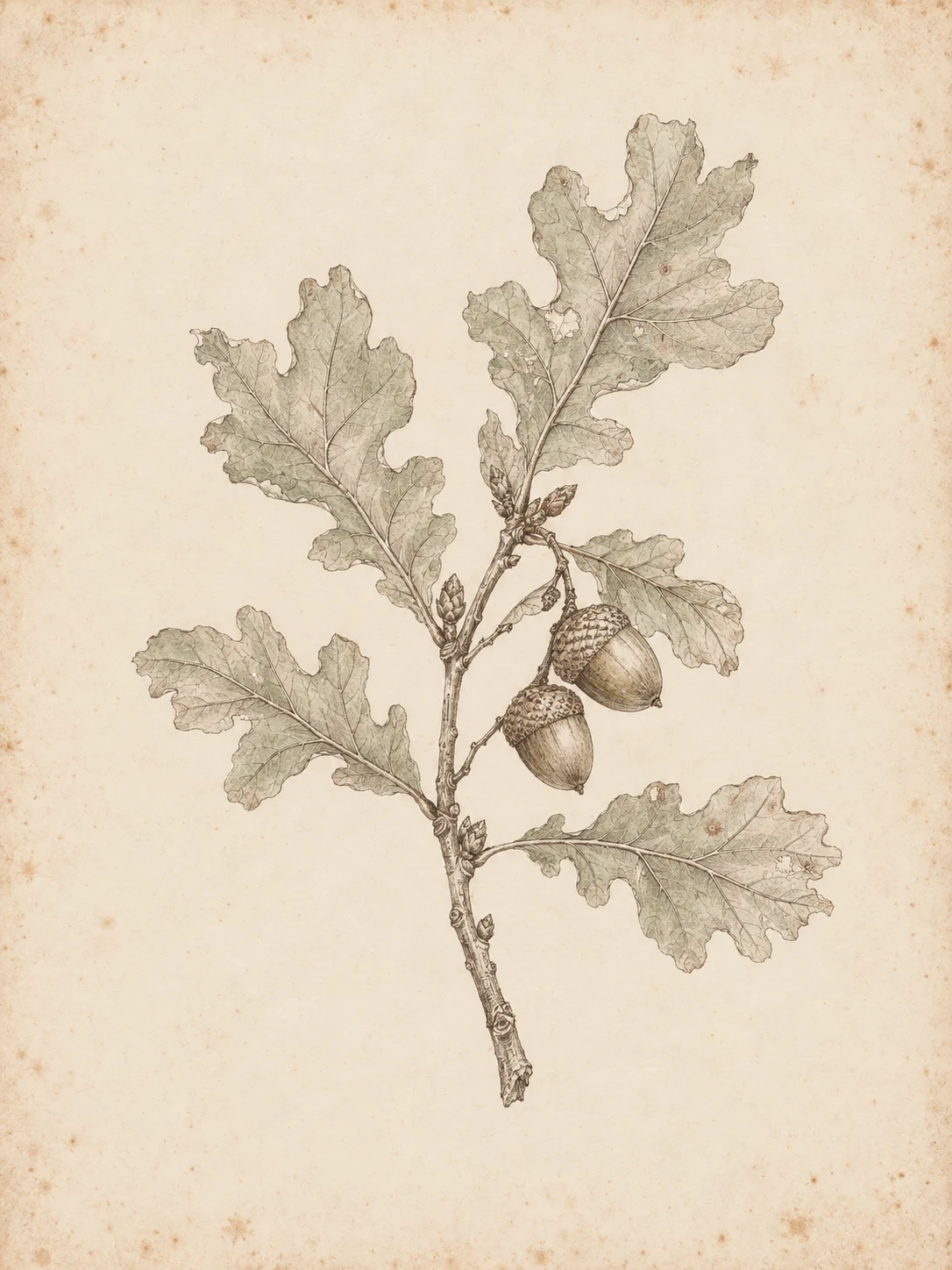 An oak twig with two acorns in cream, stone, sand; portrait artwork.