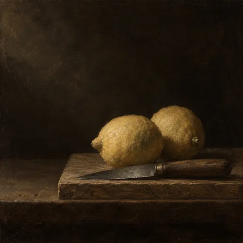 Two lemons and a knife on a board in black, brown; square artwork.
