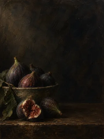 A bowl of figs with one split open in black, charcoal; portrait artwork.