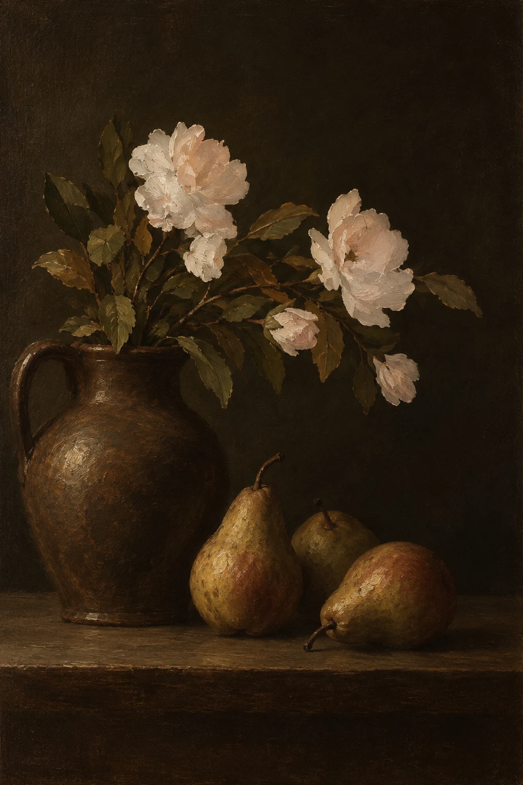 Three pears on a bare table in black, burgundy, olive; portrait artwork.