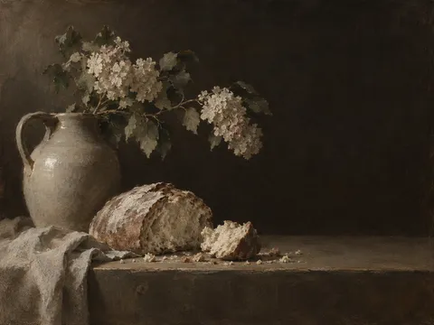 A loaf half cut with crumbs in black, brown, charcoal, taupe; landscape artwork.