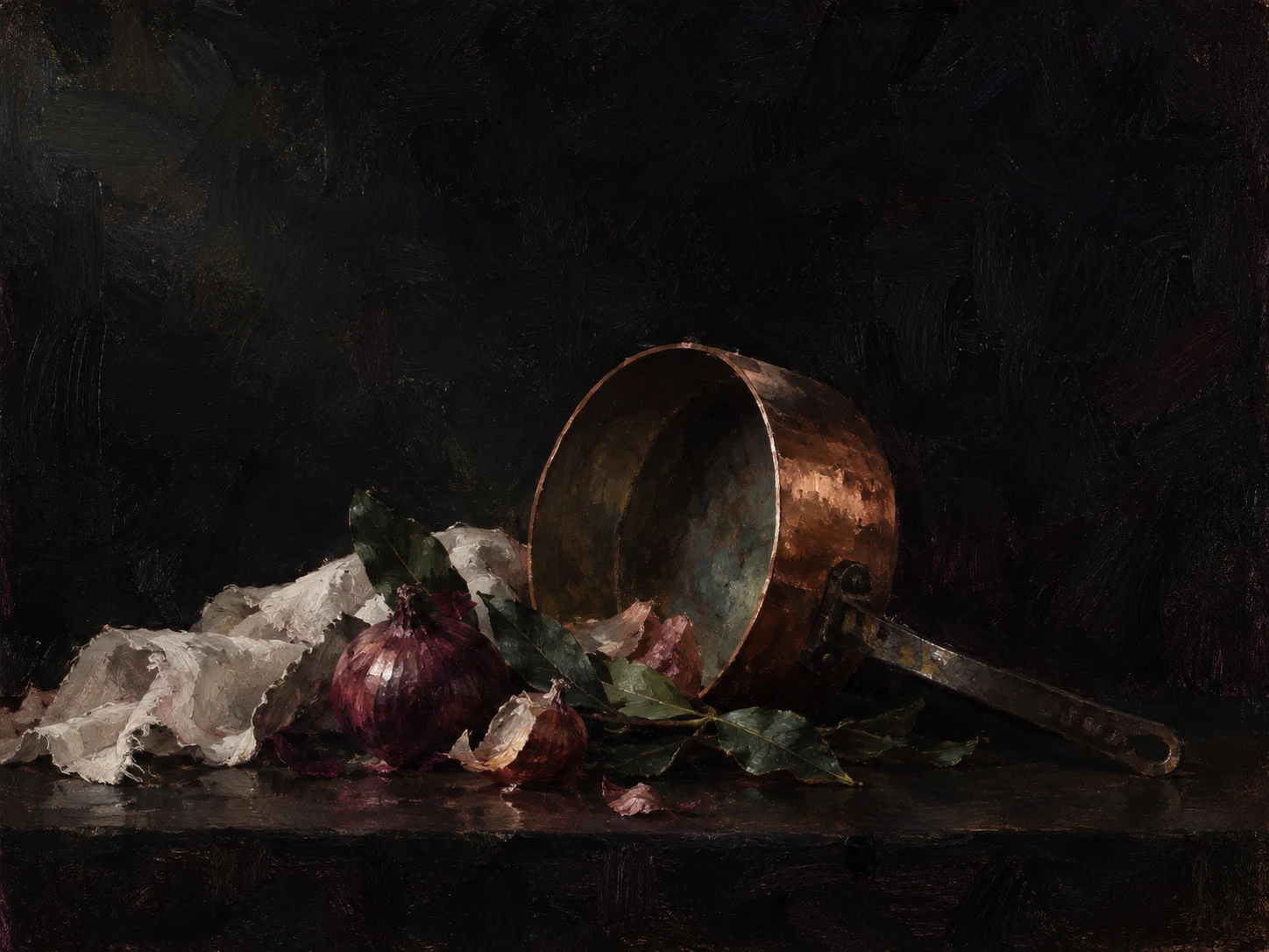 A copper pan on its side in black, brown; landscape artwork.