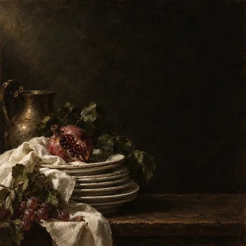 A stack of white plates in black, olive; square artwork.