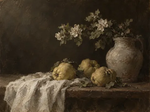 Quince and a linen cloth in black, charcoal, forest green, brown; landscape artwork.