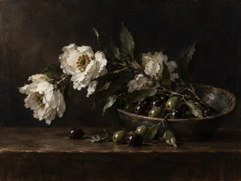 Olives spilling from a shallow dish in black, forest green, olive; landscape artwork.