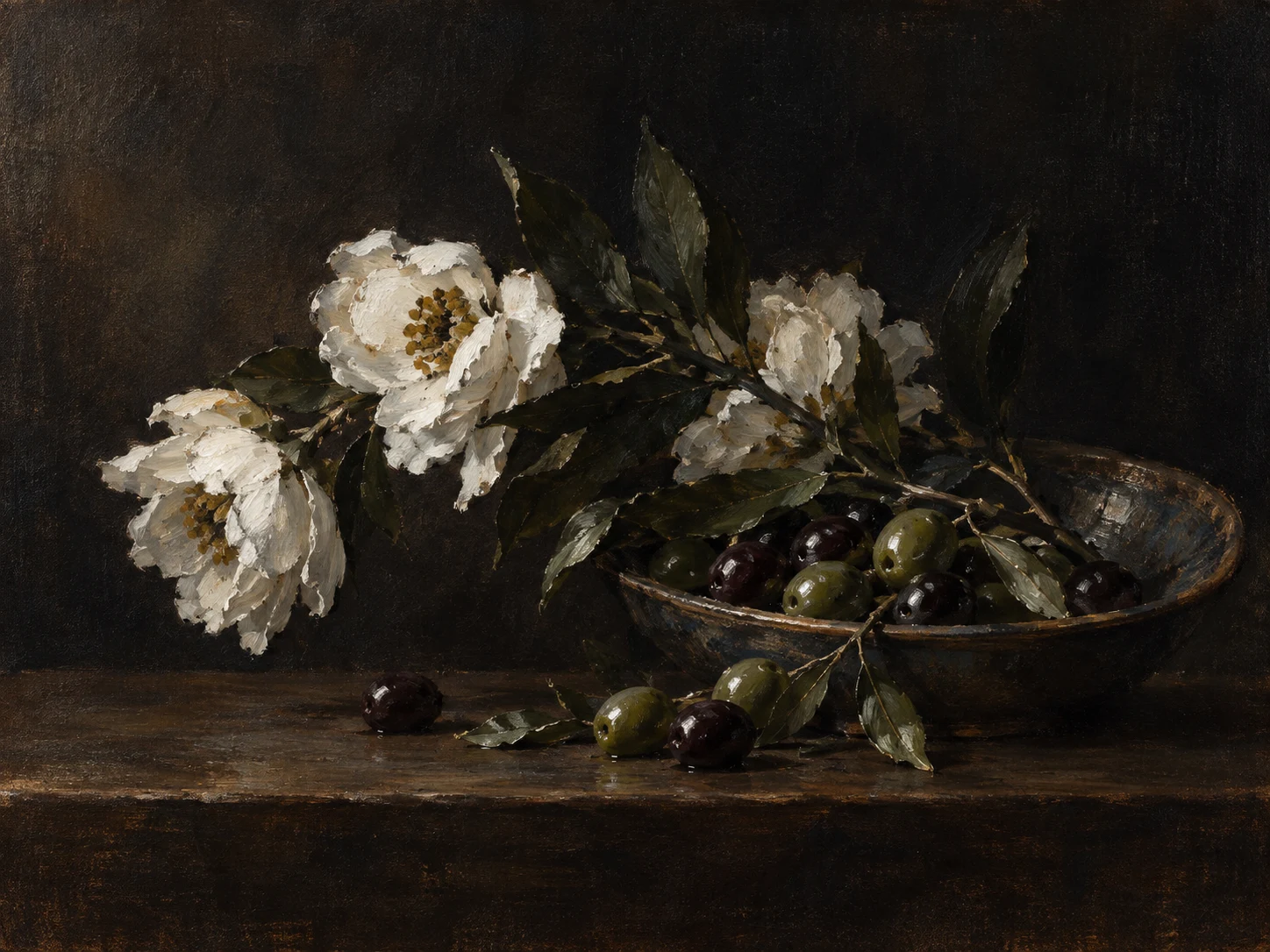 Olives spilling from a shallow dish in black, forest green, olive; landscape artwork.