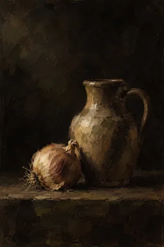 A jug and one onion in black, brown; portrait artwork.