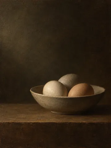 Three eggs in a shallow bowl in black, burgundy, olive; portrait artwork.