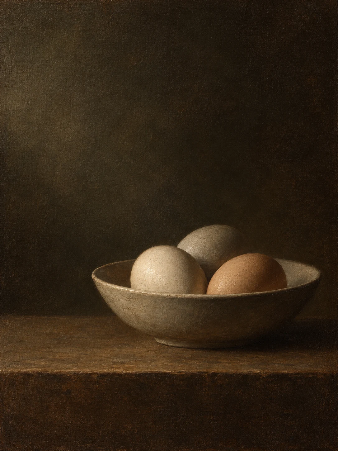 Three eggs in a shallow bowl in black, burgundy, olive; portrait artwork.