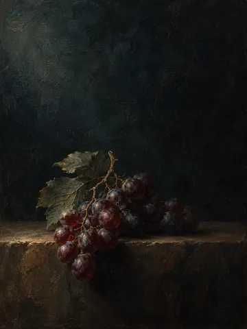 A bunch of grapes over the table edge in black, charcoal; portrait artwork.