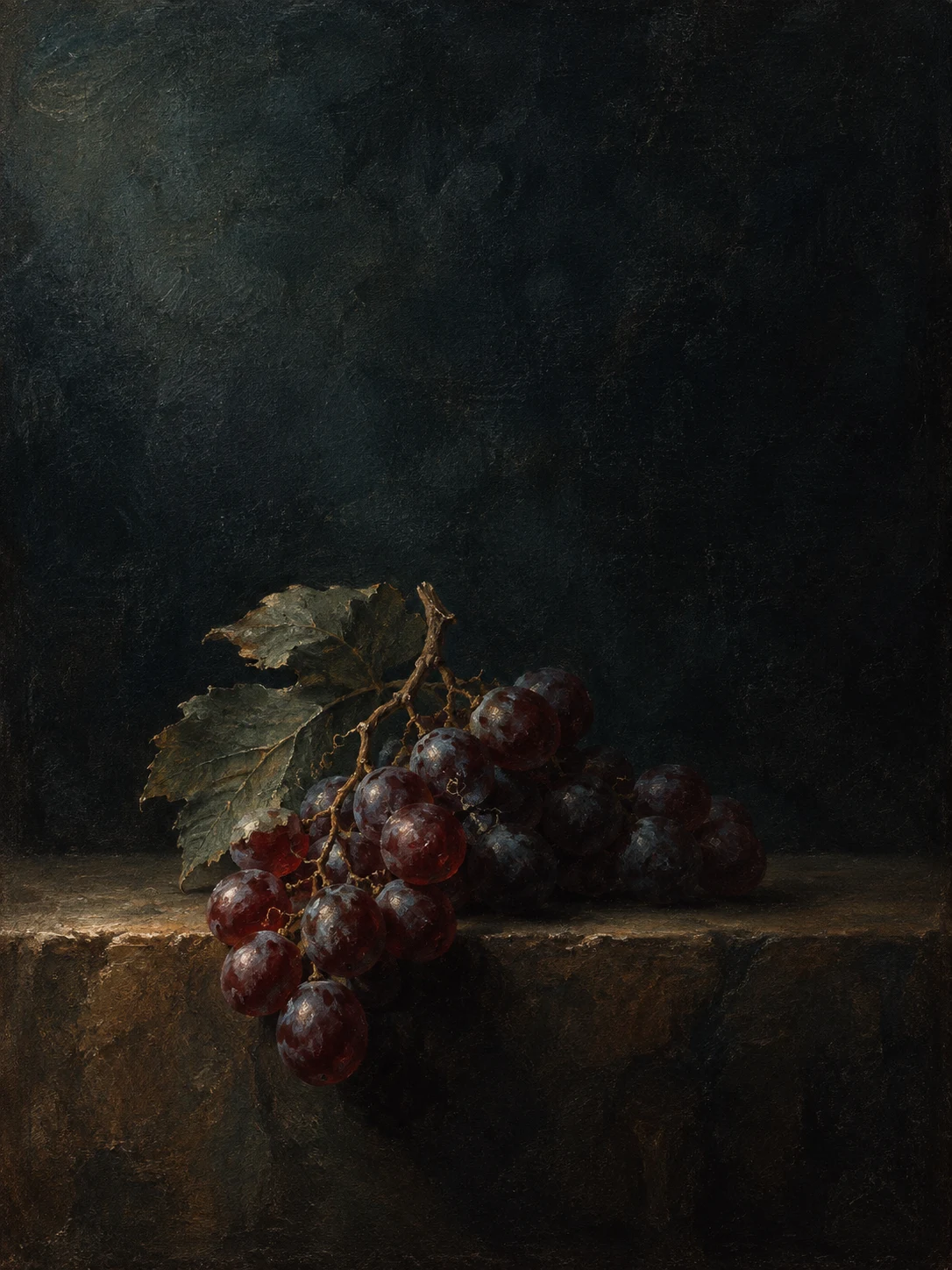 A bunch of grapes over the table edge in black, charcoal; portrait artwork.