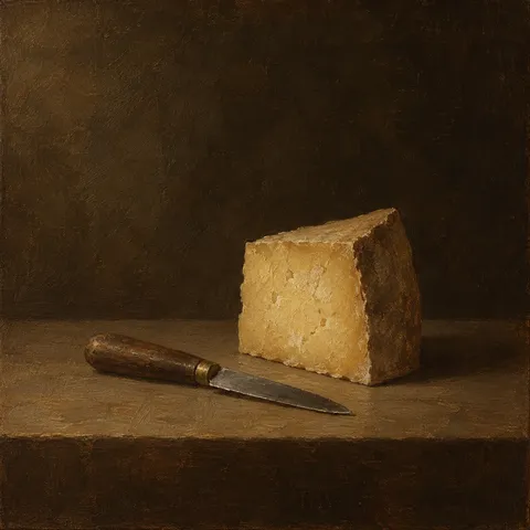 A wedge of cheese and a small knife in black, burgundy, brown, ochre; square artwork.