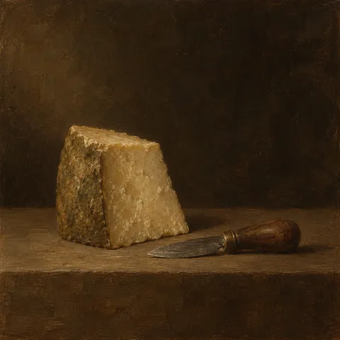 A wedge of cheese and a small knife in black, burgundy, brown, olive; square artwork.