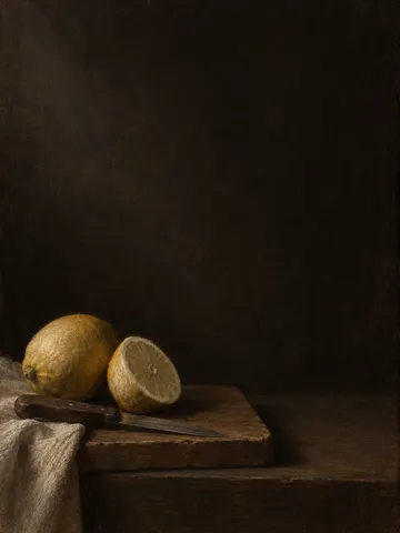 Two lemons and a knife on a board in black, brown; portrait artwork.