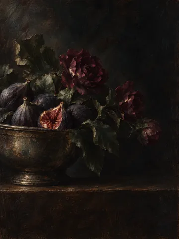 A bowl of figs with one split open in black, charcoal; portrait artwork.