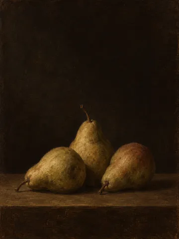 Three pears on a bare table in black, brown; portrait artwork.