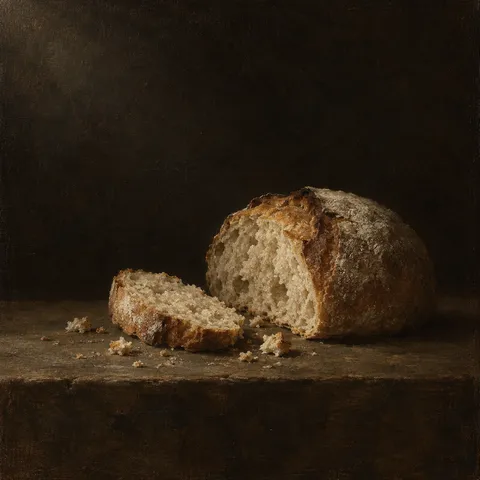 A loaf half cut with crumbs in black, burgundy, olive; square artwork.
