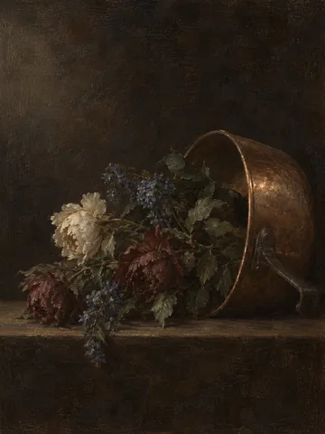 A copper pan on its side in black, forest green, brown; portrait artwork.