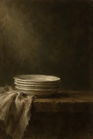 A stack of white plates in black, charcoal, olive; portrait artwork.