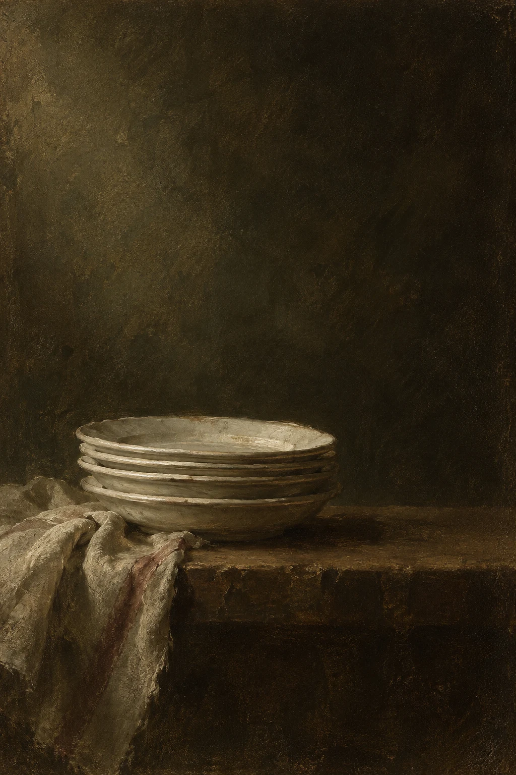 A stack of white plates in black, charcoal, olive; portrait artwork.