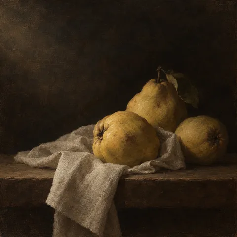 Quince and a linen cloth in black, brown, taupe; square artwork.