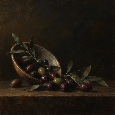 Olives spilling from a shallow dish in black, charcoal; square artwork.