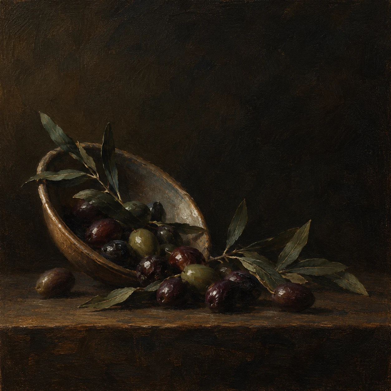 Olives spilling from a shallow dish in black, charcoal; square artwork.
