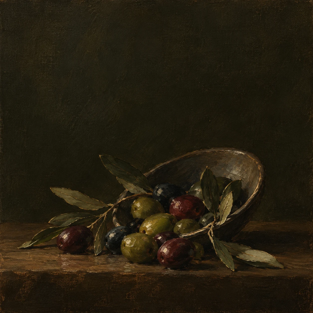 Olives spilling from a shallow dish in black, charcoal; square artwork.