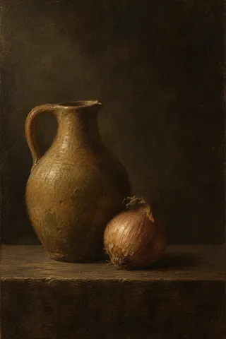 A jug and one onion in black, burgundy, brown; portrait artwork.