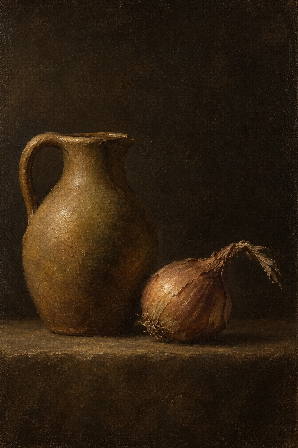 A jug and one onion in black, burgundy, brown; portrait artwork.