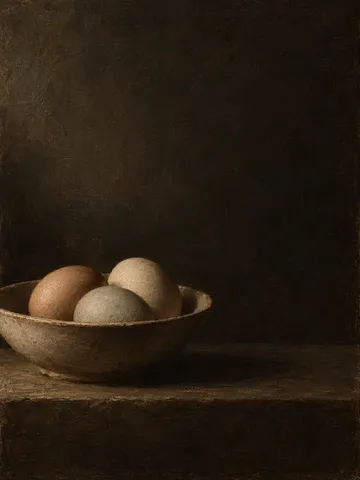 Three eggs in a shallow bowl in black, brown; portrait artwork.