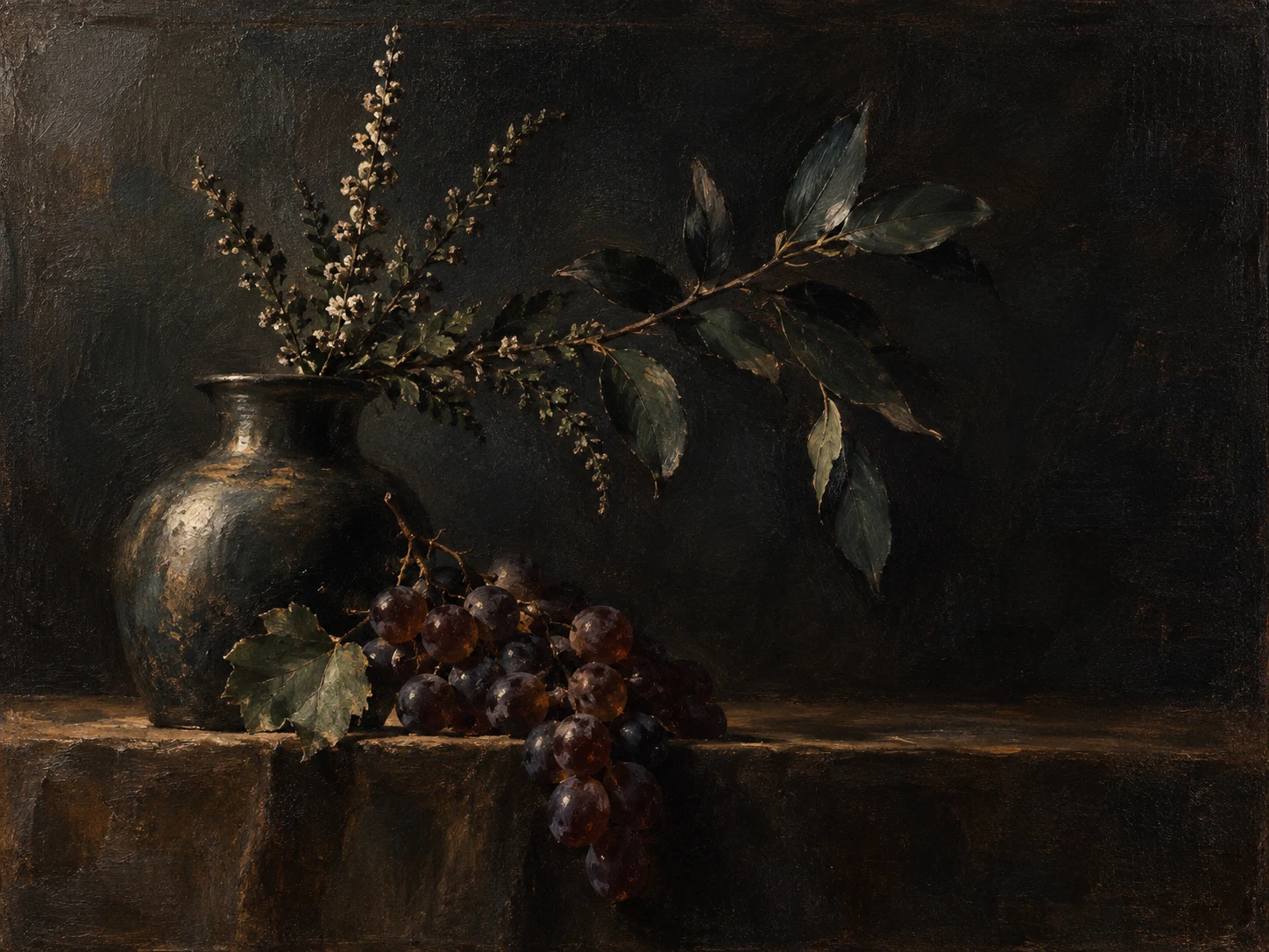 A bunch of grapes over the table edge in black, charcoal; landscape artwork.