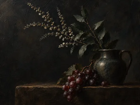 A bunch of grapes over the table edge in black, charcoal; landscape artwork.