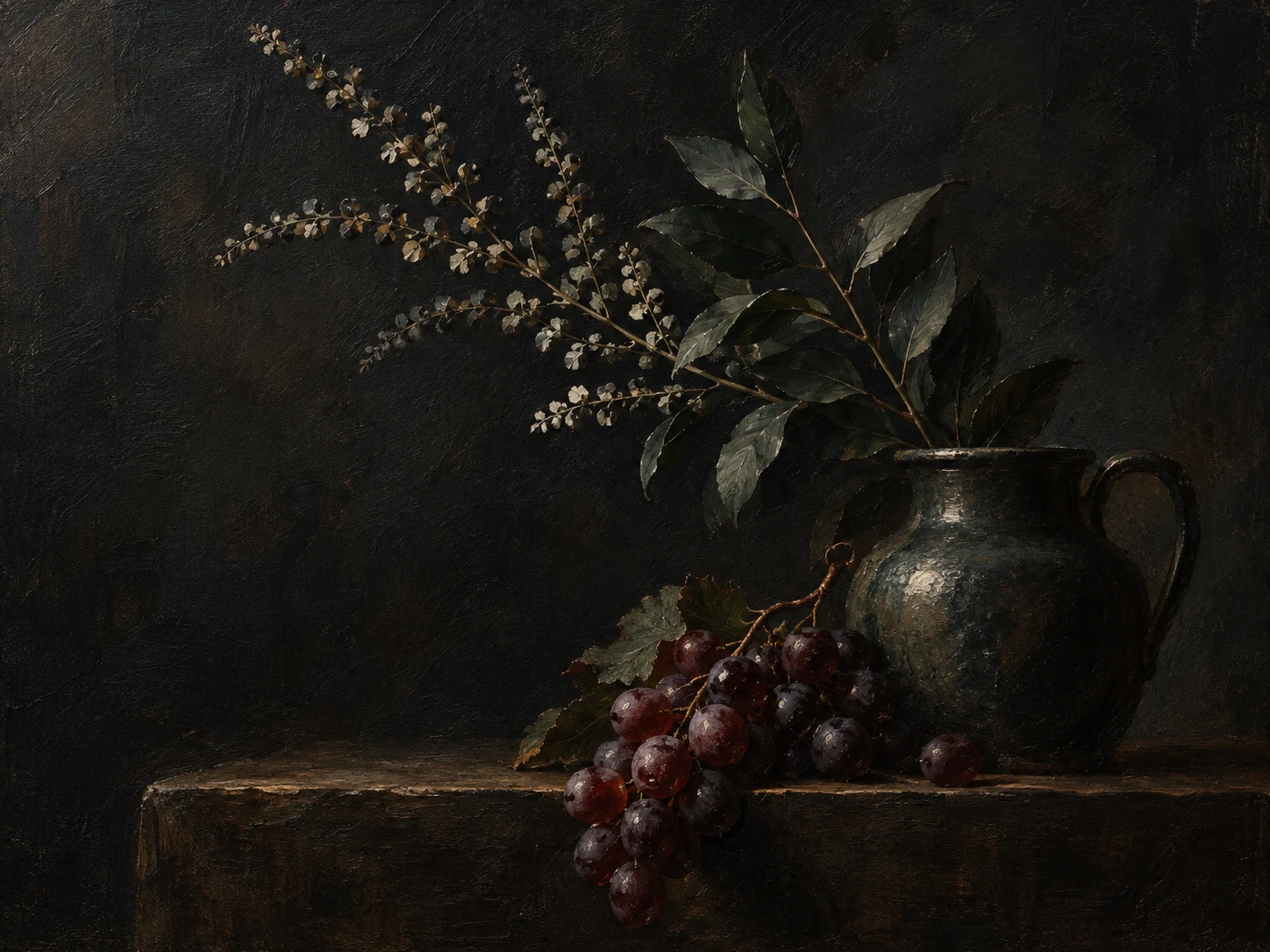 A bunch of grapes over the table edge in black, charcoal; landscape artwork.