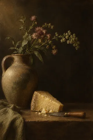 A wedge of cheese and a small knife in black, brown, burgundy, olive; portrait artwork.