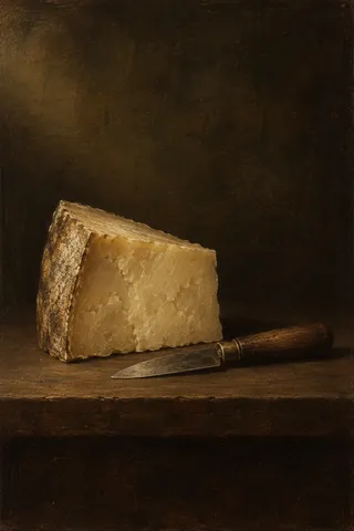 A wedge of cheese and a small knife in black, burgundy, taupe; portrait artwork.