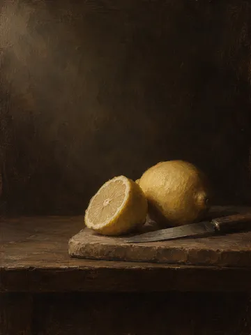 Two lemons and a knife on a board in black, burgundy, olive; portrait artwork.