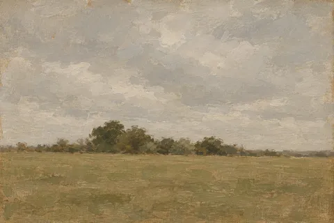 A hedgerow meeting a mown field in sand, taupe, stone, olive; landscape artwork.