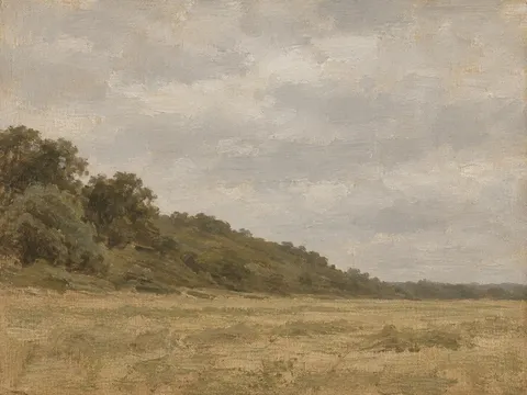A low ridge of oaks above a hayfield in stone, taupe, brown; landscape artwork.