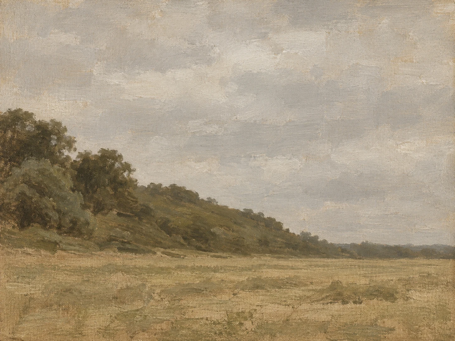 A low ridge of oaks above a hayfield in stone, taupe, brown; landscape artwork.