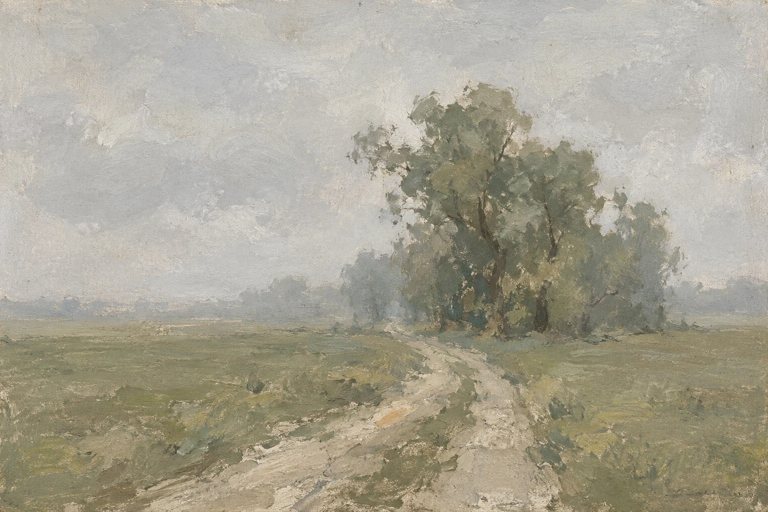 A farm track dissolving into mist in stone, taupe, sage, gray; landscape artwork.