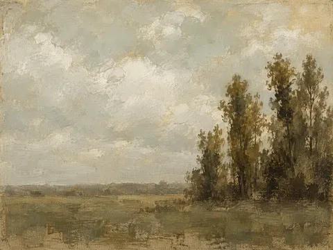 A stand of poplars on a flat plain in stone, olive, taupe, cream; landscape artwork.