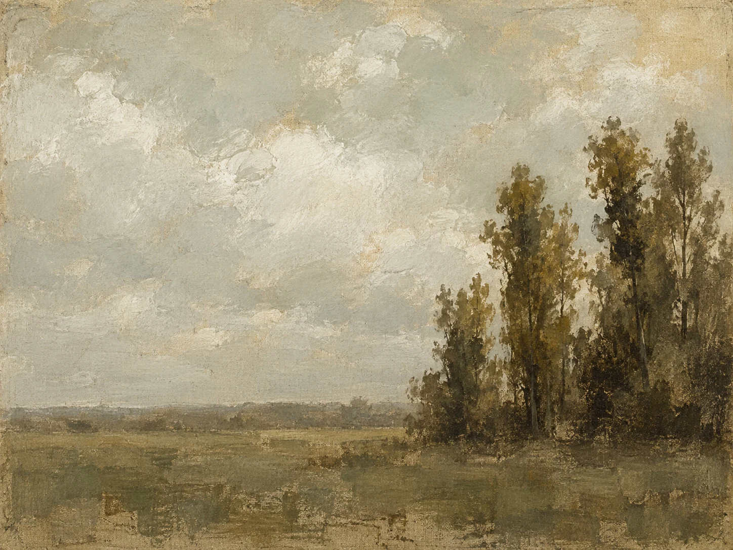 A stand of poplars on a flat plain in stone, olive, taupe, cream; landscape artwork.