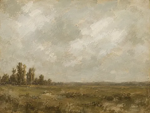 A stand of poplars on a flat plain in stone, sand, olive, cream; landscape artwork.