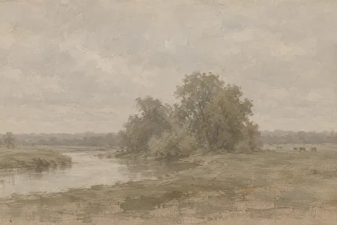 A river bend with cattle grazing far off in stone, taupe, sage, sand; landscape artwork.