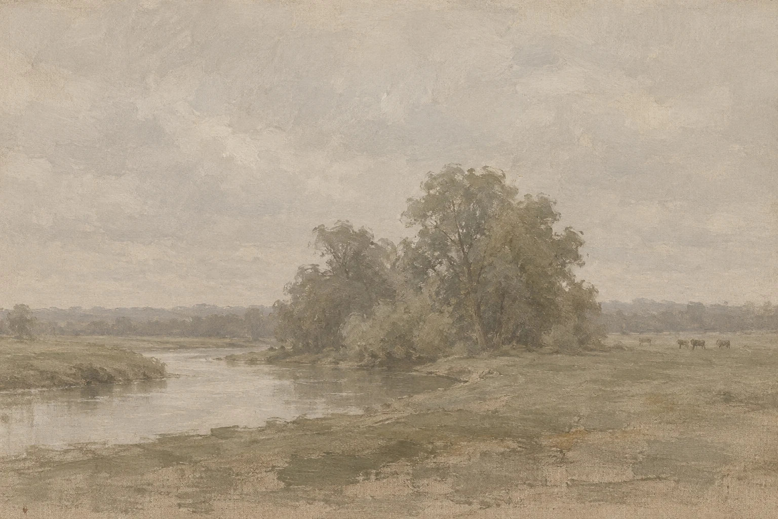 A river bend with cattle grazing far off in stone, taupe, sage, sand; landscape artwork.
