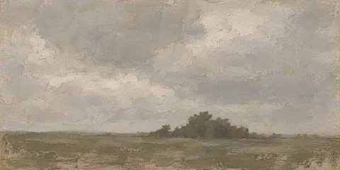 A fence line under a heavy gray sky in sand, stone, olive, gray; panoramic artwork.