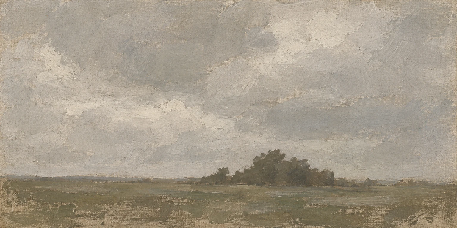 A fence line under a heavy gray sky in sand, stone, olive, gray; panoramic artwork.