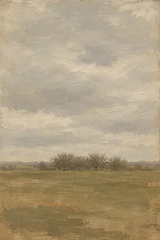 A bare orchard in late winter in stone, taupe, sand, olive; portrait artwork.