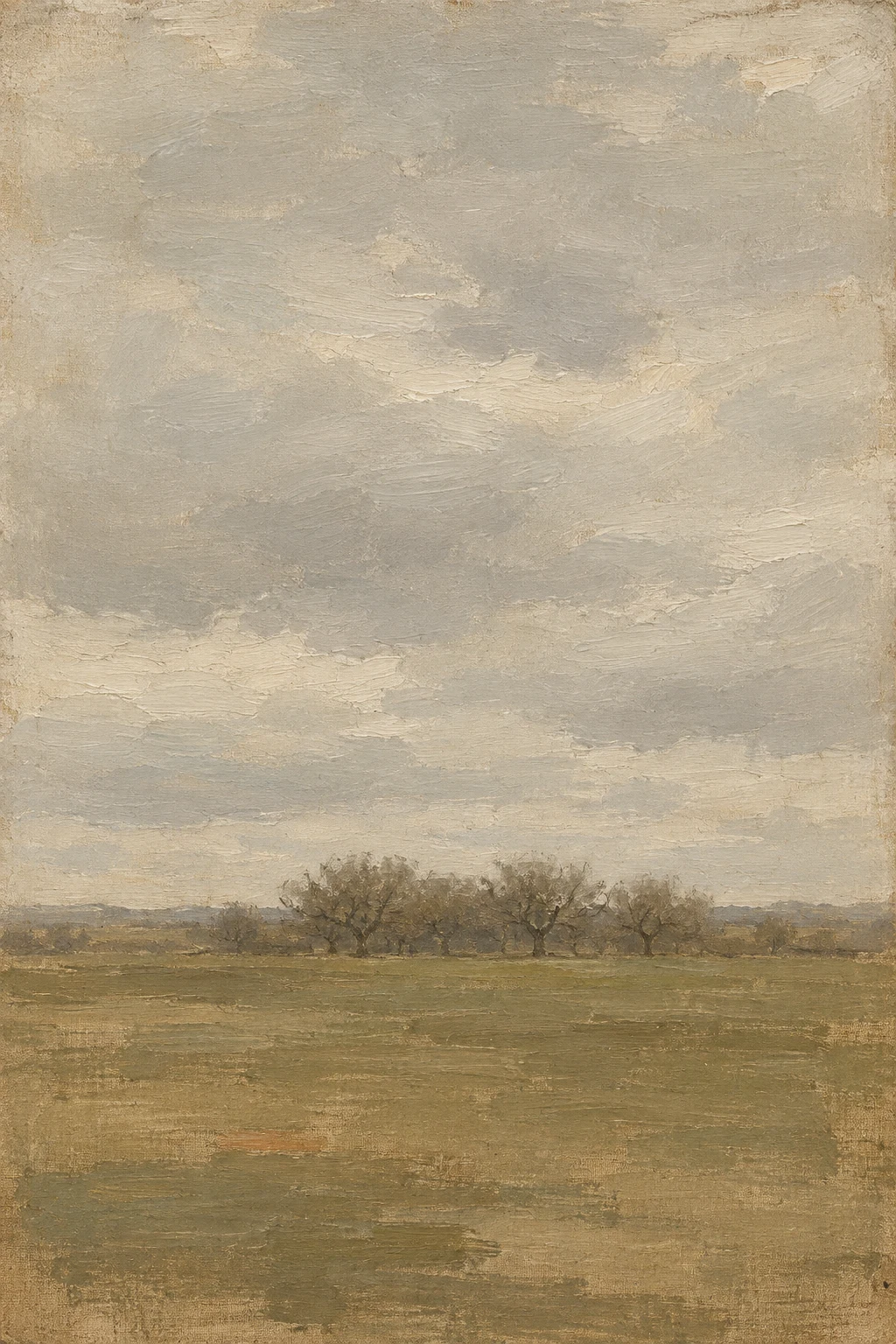 A bare orchard in late winter in stone, taupe, sand, olive; portrait artwork.